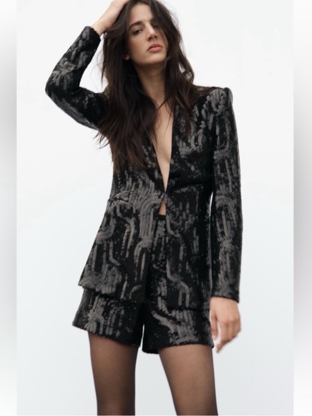 New ZARA Black Sequined Lapelless Blazer